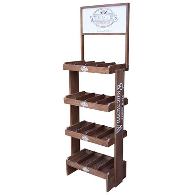 4 ชั้น ไม้เครื่องดื่มพื้น Display Stand สําหรับร้านค้าปลีกหรือร้านอาหาร