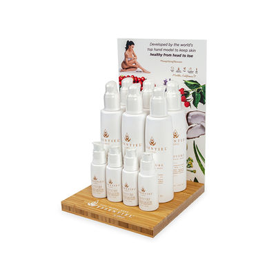 Wood POS ผลิตภัณฑ์ดูแลผิว Bamboo Counter Top Display Rack Cleanser Oil Boutique